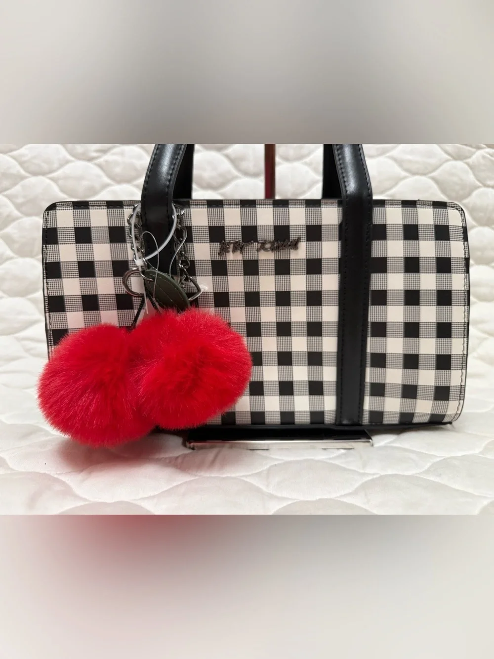 Betsey Johnson Black & White Gingham Tote with Red Pom Pom Charm